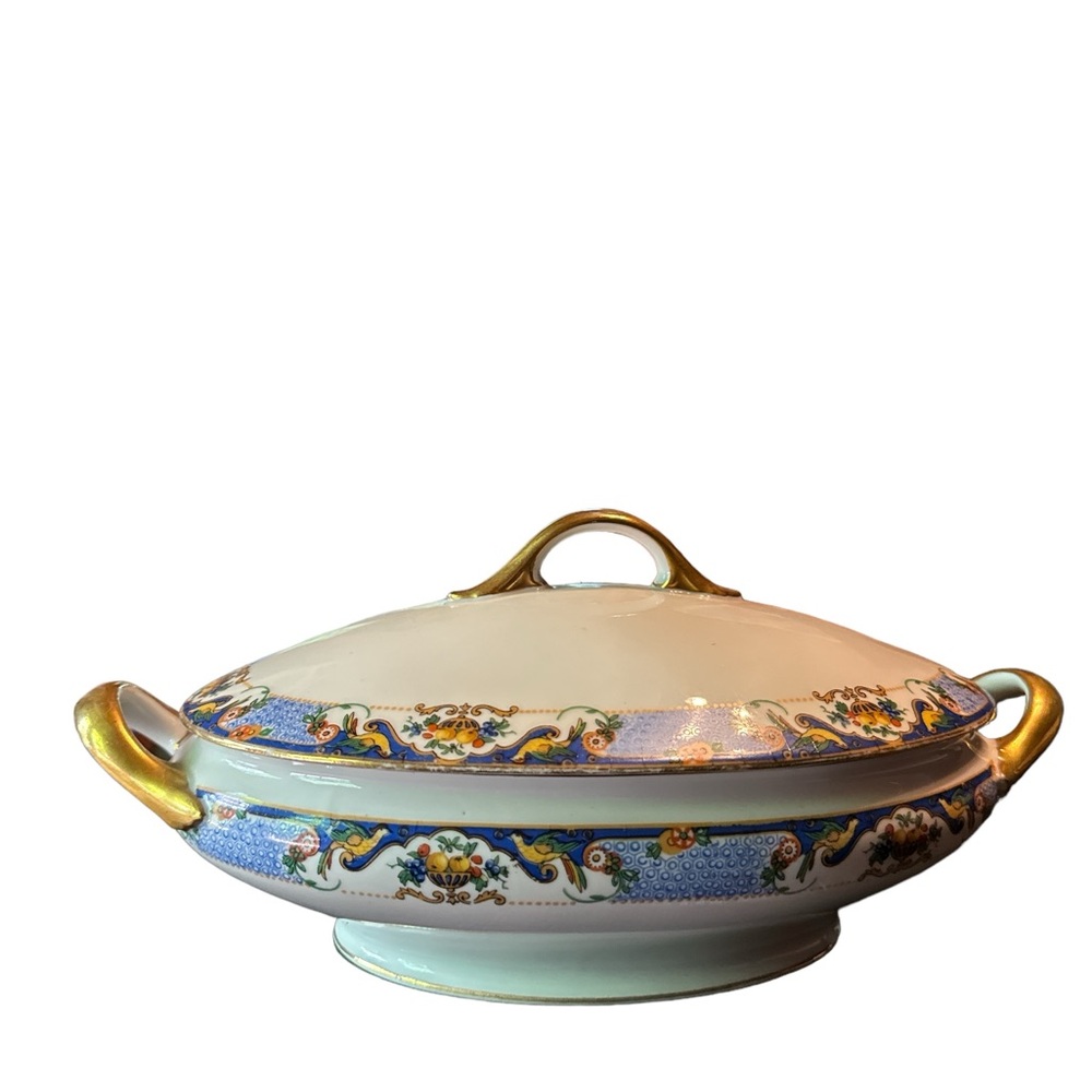 Limoges Made in France Covered Vegetable Dish, Antique French Blue, Gold Trim